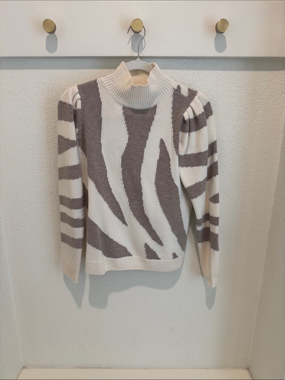 Milly Cream & Taupe Zebra-Pattern Turtleneck Sweater